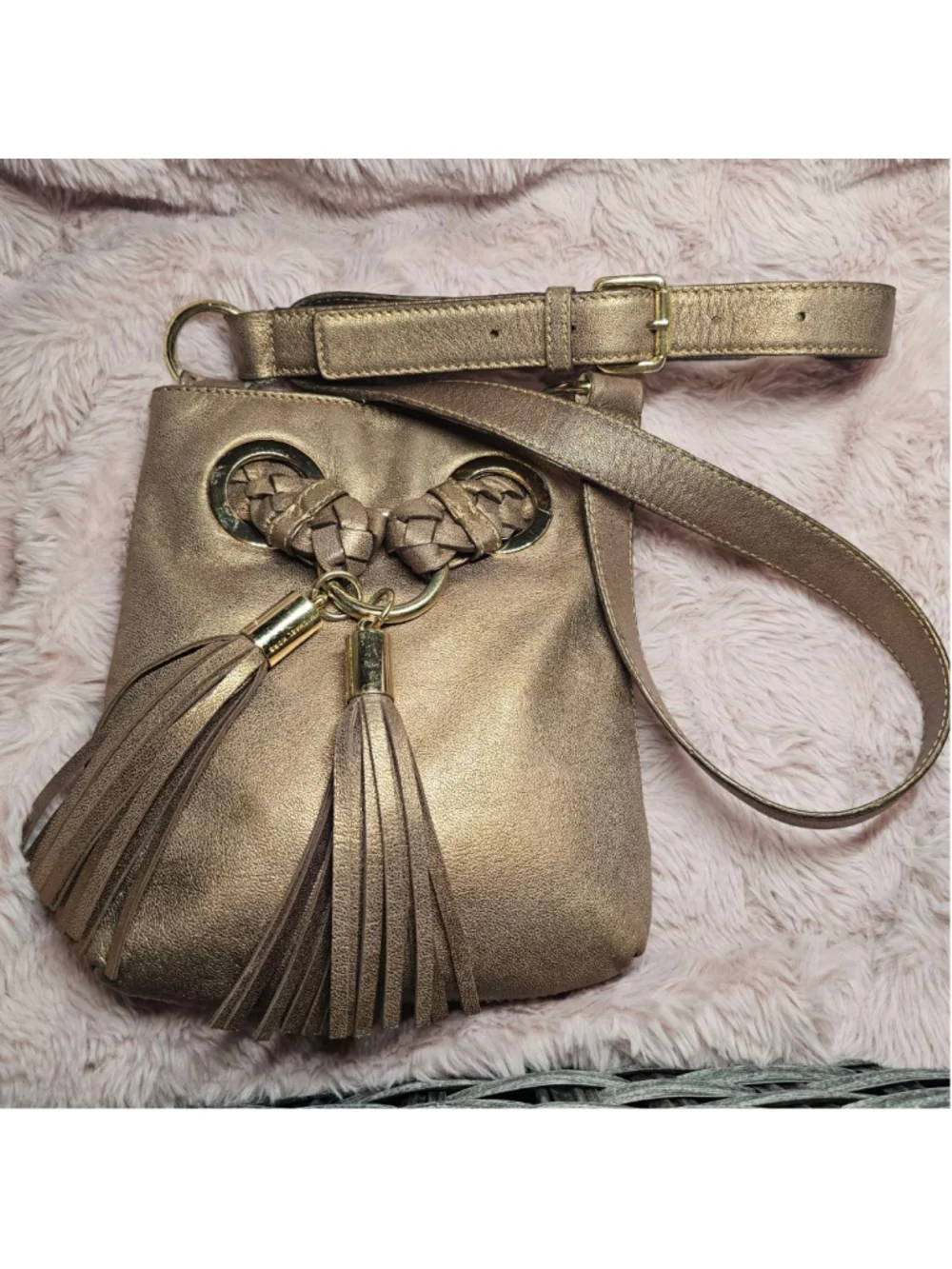 Michael Kors Metallic Gold Leather Crossbody Bag with Braided Tassel Accent